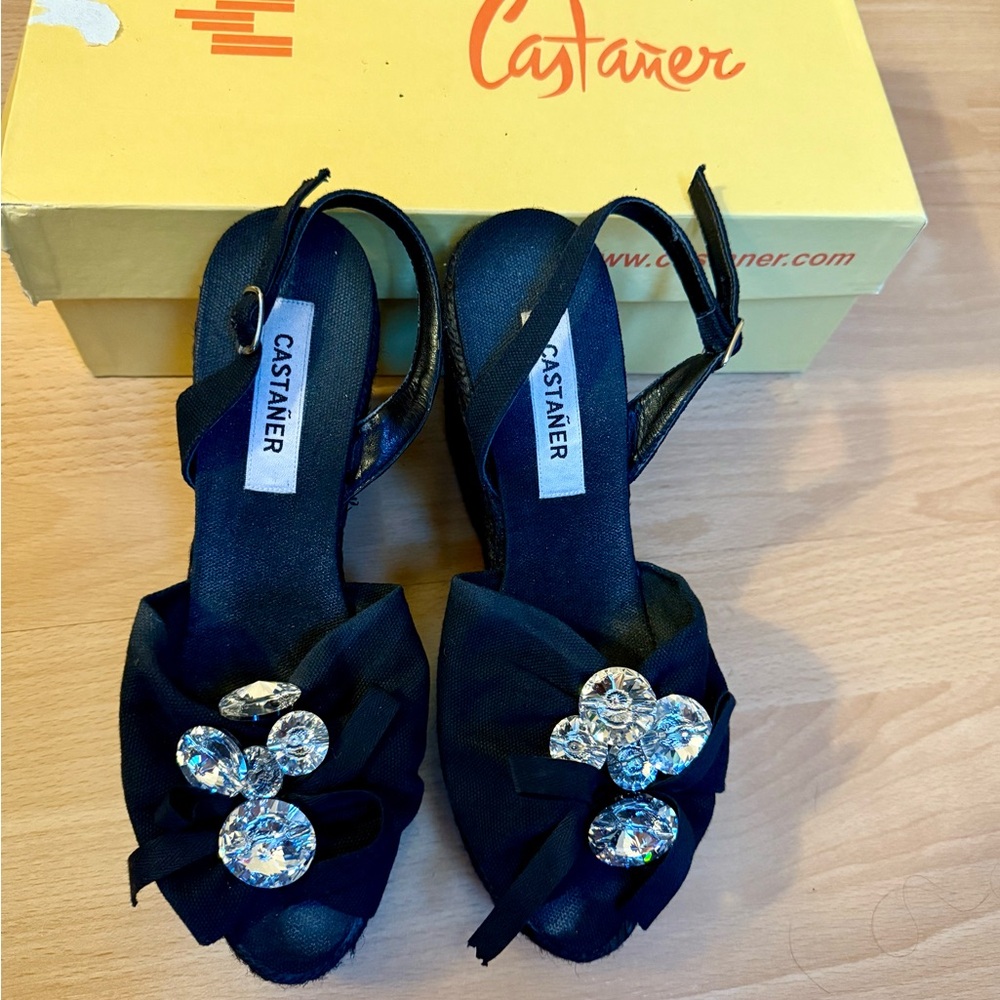 Castaner Black Wedge Sandals with Crystal Embellishments Size US 7